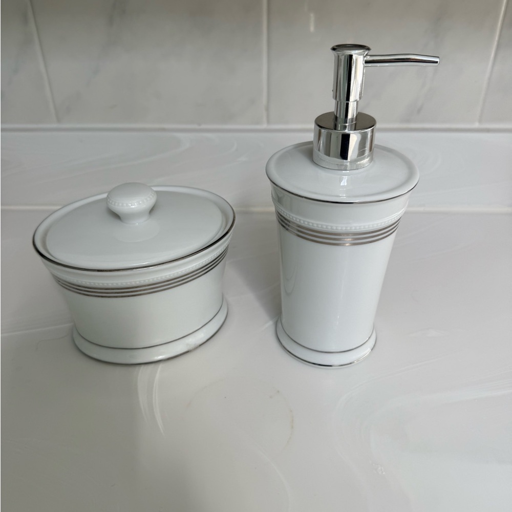 White Ceramic Soap Dispenser and Lidded Jar Set with Silver Trim by Veratex